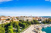 Croatia, Istria, city of Pula, panoramic view of ancient Roman arena, historic amphitheater and old town