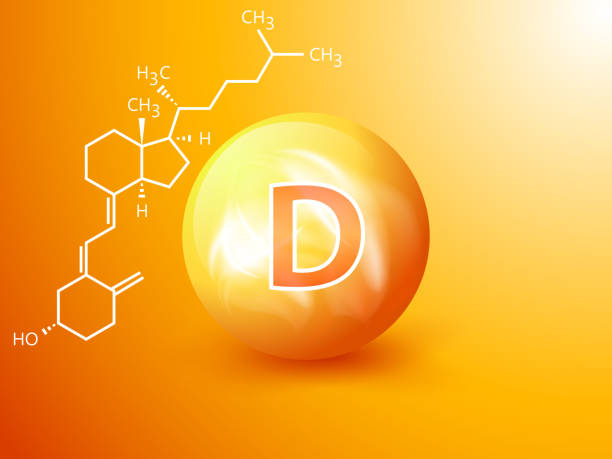 ilustraciones, imágenes clip art, dibujos animados e iconos de stock de concepto vectorial de signo de nutrición. el poder de la vitamina d. fórmula química - vitamin d