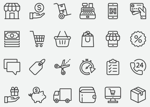 illustrazioni stock, clip art, cartoni animati e icone di tendenza di icone delle linee online per lo shopping - symbol sign computer icon change