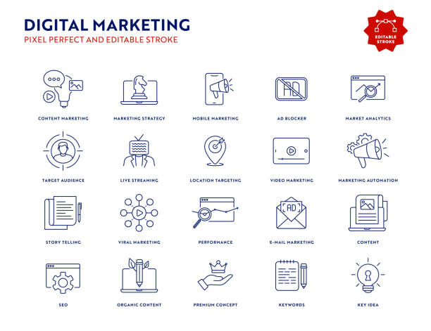 digital marketing icon set mit editierbarem strich und pixel perfekt. - kommunikation themengebiet stock-grafiken, -clipart, -cartoons und -symbole