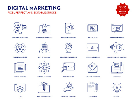 Digital Marketing Icon Set with Editable Stroke and Pixel Perfect.