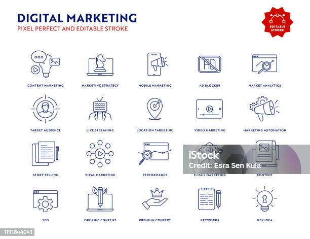 Digital Marketing Icon Set With Editable Stroke And Pixel Perfect Stock Illustration - Download Image Now