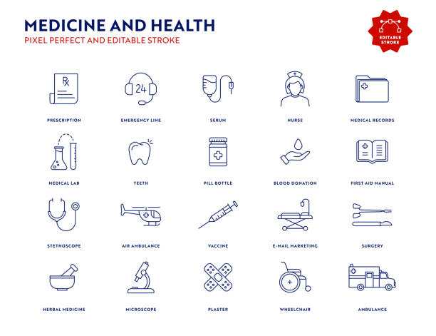 illustrations, cliparts, dessins animés et icônes de ensemble d'icônes de médecine et de santé avec accident vasculaire cérébral modifiable et pixel perfect. - manual operation