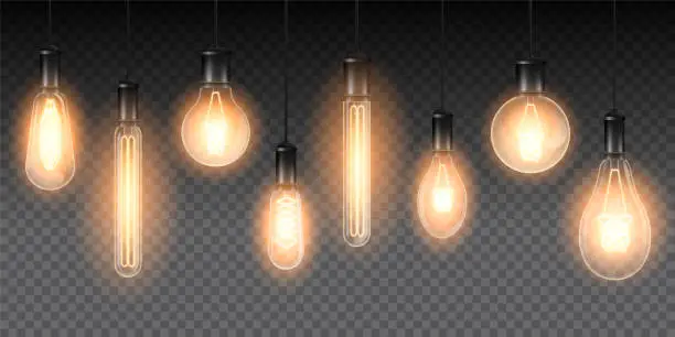 Vector illustration of Set of realistic luminous lamps, lamps hanging on a wire. Incandescent lamp.Isolated on a checkered dark background. Vector illustration