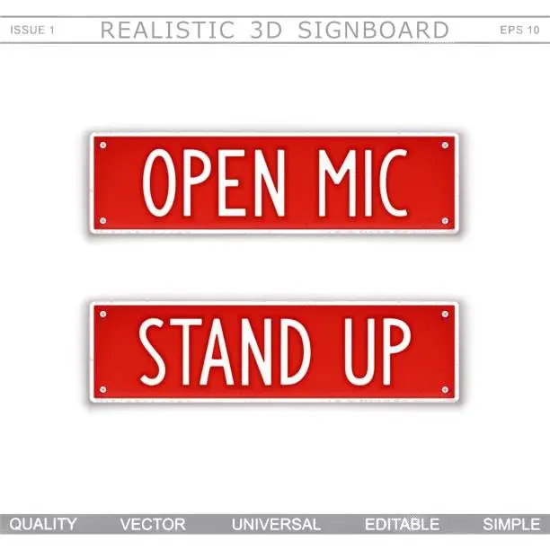 Vector illustration of Open mic. Stand up. Design signboard in style car number plates. Vector template