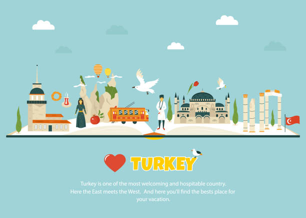 ランドマークとシンボルを持つトルコのコンセプトイメージ。エフェサス、カッパドキア、イスタンブール、トラム、国民食 - ephesus点のイラスト素材／クリップアート素材／マンガ素材／アイコン素材