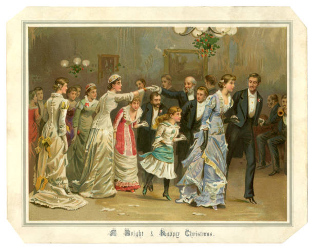 Victorian Christmas card showing people dancing, 1882 A Victorian Christmas card showing a happy gathering of people enjoying a party in a large house, dancing in their ‘Sunday best’ clothes under lamps trimmed with red berried holly, while a small orchestra plays in the corner of the room. The card was sent in 1882. christmas family party stock illustrations