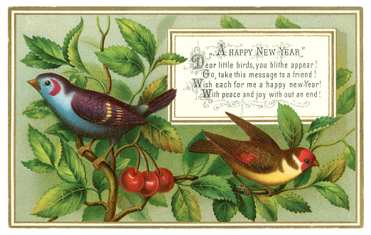 A Victorian New Year card sent in 1880 with a cheerful verse and an illustration of colourful birds sitting amongst cherries on a tree.