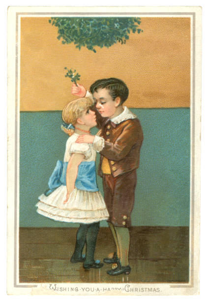 ilustrações de stock, clip art, desenhos animados e ícones de victorian christmas card with two children kissing under the mistletoe, 1883 - i love you frase em inglês
