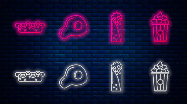 istock Set line Scrambled eggs, Doner kebab, Hotdog sandwich with mustard and Popcorn in cardboard box. Glowing neon icon on brick wall. Vector 1191851130