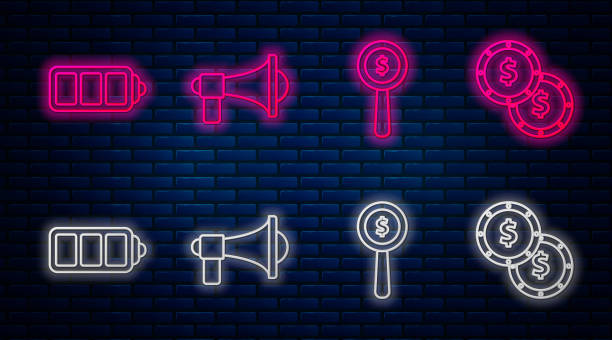 istock Set line Megaphone, Magnifying glass and dollar symbol, Battery charge level indicator and Coin money with dollar symbol. Glowing neon icon on brick wall. Vector 1191851240