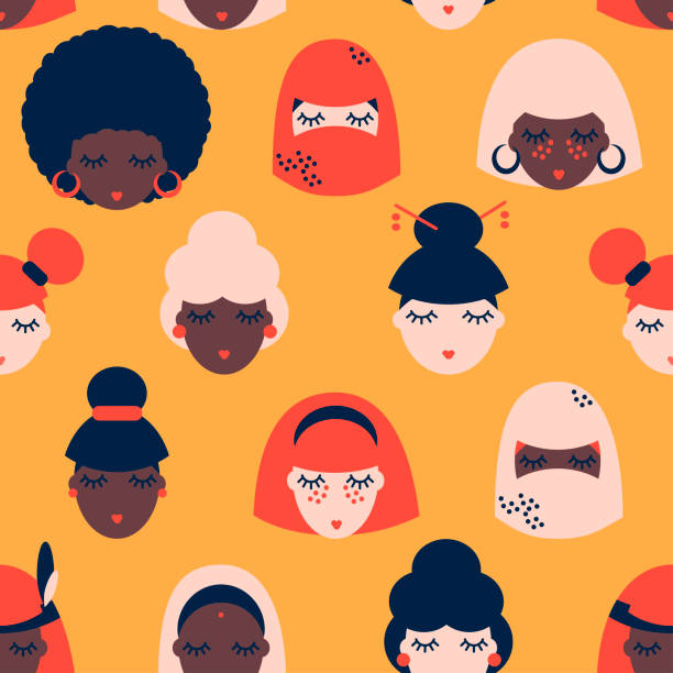 ilustraciones, imágenes clip art, dibujos animados e iconos de stock de patrón sin fisuras con mujeres de diferentes nacionalidades - asian ethnicity pattern textile seamless