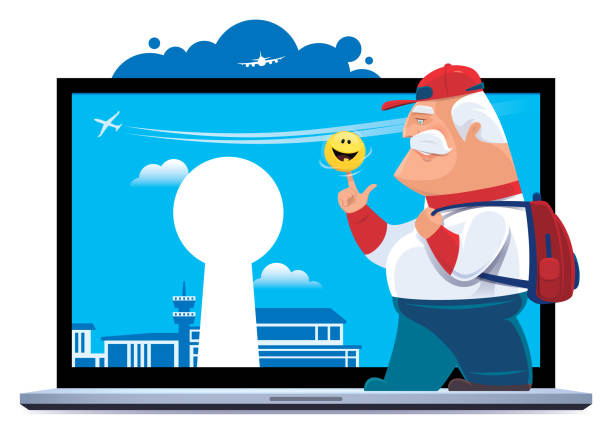 ilustrações de stock, clip art, desenhos animados e ícones de senior traveller with laptop - entering airplane