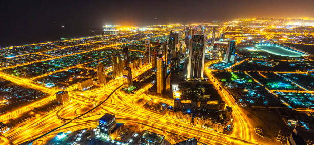 Aerial view on Sheikh Zayed Road, Dubai Downtown at dawn This image is GPS tagged