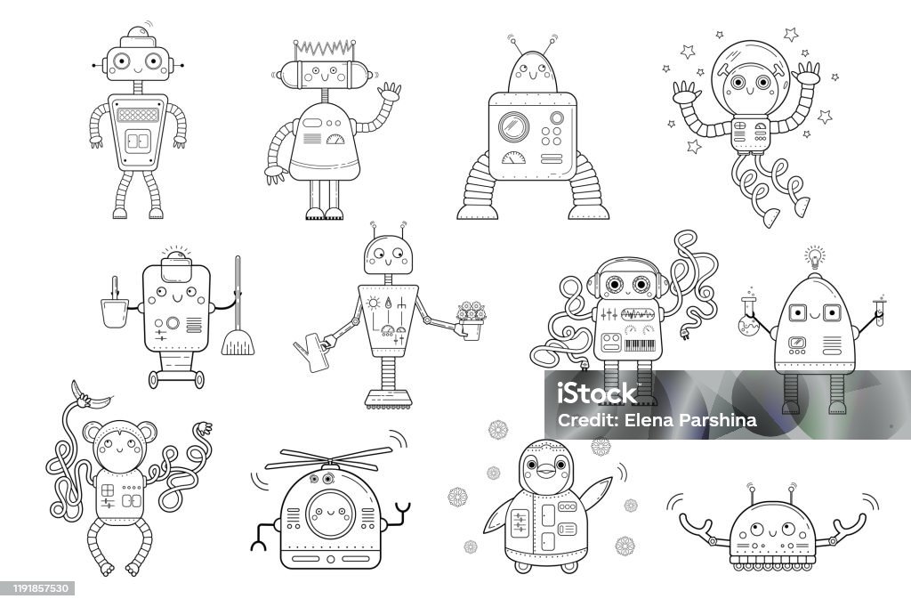  Ilustración de Esquema De Página Para Colorear De Robots De Dibujos Animados Conjunto Vectorial Para Niños y más Vectores Libres de Derechos de Robot