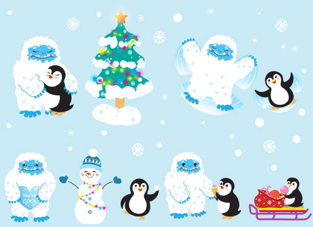 ilustraciones, imágenes clip art, dibujos animados e iconos de stock de lindo yeti de nieve y su amigo pingán celebrando el conjunto de vectores de navidad y año nuevo. aislado en fondo claro. - yeti