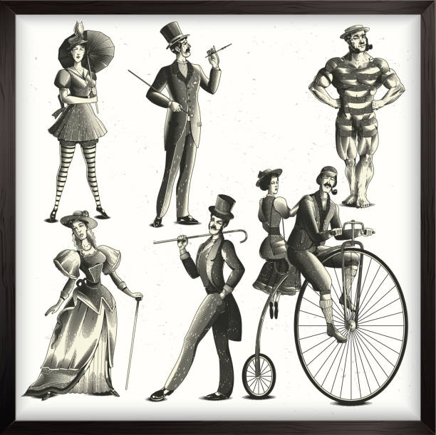 ilustraciones, imágenes clip art, dibujos animados e iconos de stock de conjunto de damas y caballeros - circo ilustraciones