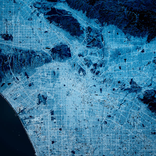 Los Angeles USA 3D Render Map Blue Top View Mar 2019 3D Render of a Topographic Map of Los Angeles, California, USA.
All source data is in the public domain.
Contains modified Copernicus Sentinel data (Mar 2019) courtesy of ESA. URL of source image: https://scihub.copernicus.eu/dhus/#/home.
Relief texture SRTM data courtesy of NASA. URL of source image: https://search.earthdata.nasa.gov/search/granules/collection-details?p=C1000000240-LPDAAC_ECS&q=srtm%201%20arc&ok=srtm%201%20arc los angeles aerial stock pictures, royalty-free photos & images