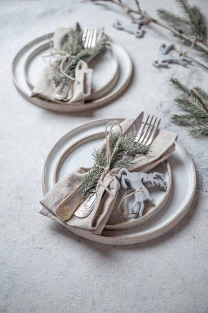 istock Cristmas table cutlery set with holiday decoration. Top view, copy space 1191859471