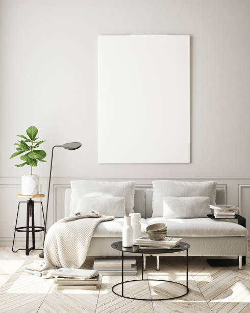 istock mock up poster frame in modern interior background, scandinavian style, 3D render 1191861032