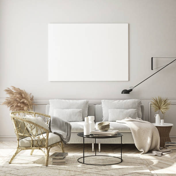 istock mock up poster frame in modern interior background, scandinavian style, 3D render 1191861033