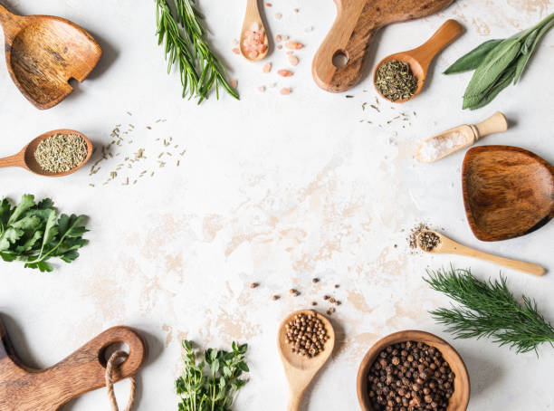istock Fresh raw Herbs, various spices and wood kitchen were frame on textured background. top view, 1191863433