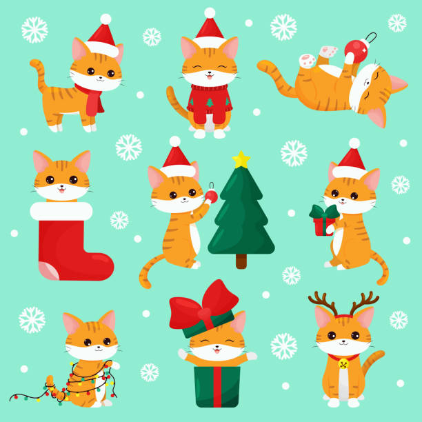 Cute kawaii cats with gifts, Christmas tree, garland, dressed up deer and sweater. Cartoon vector character. Happy New Year stickers. kawaii cat stock illustrations