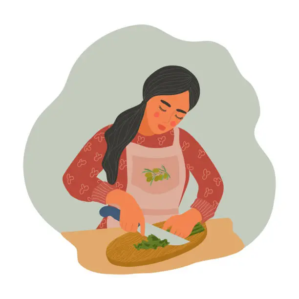 Vector illustration of Woman is cooking natural healthy food. Girl in an apron cuts greens into salad. Flat cartoon vector illustration