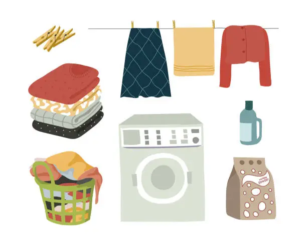 Vector illustration of Laundry set isolated elements powder, washing machine, wet clothes with clothespins, folded clothes and a basket with dirty linen. Vector flat illustration.