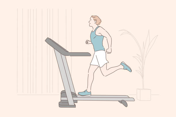 trening sportowy, trening wytrzymałościowy, koncepcja ćwiczeń fizycznych - running jogging treadmill weight training stock illustrations