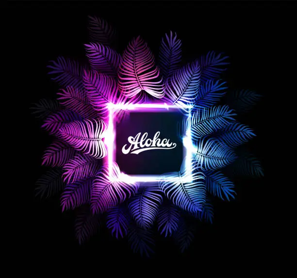 Vector illustration of Aloha Hawaii vector background. Dark tropical summer party design with palm leaves, neon rectangle, aloha text. Hawaiian party. Exotic cyberpunk illustration for beach nightclub or dance club.