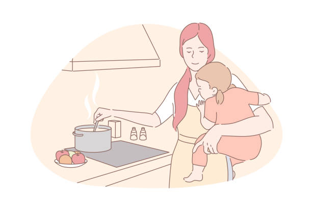 ilustraciones, imágenes clip art, dibujos animados e iconos de stock de feliz maternidad, niñera, concepto de tareas domésticas - stereotypical housewife little girls family domestic kitchen