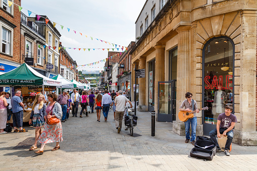 WINCHESTER, UK - July 27, 2012. Pedestrianised high street in Winchester, Hampshire, UK