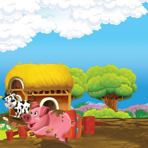 istock cartoon scene with pig and cow having fun on the farm 1191875058