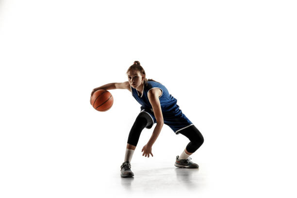 istock Young caucasian female basketball player against white studio background 1191875672