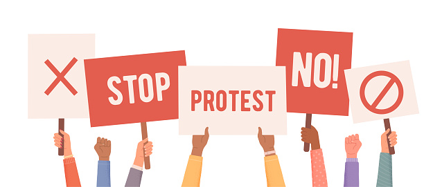 People protest. Hands holding posters. People with posters protest. Collection of hands holding empty signs. Vector illustration