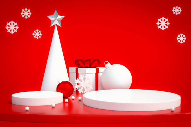 istock White christmas tree, gift box and christmas ball Ornaments object group with podium display stand on red background 3d rendering. 1191877357