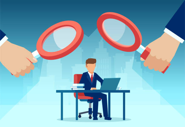 ilustrações de stock, clip art, desenhos animados e ícones de vector of two managers with magnifying glass watching over at employee working at his desk on computer - employee theft