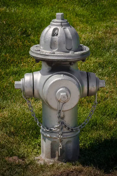 An old silver fire hydrant stands on a city lawn