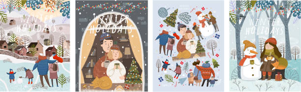 зимние каникулы! с рождеством христовым и с новым годом! векторные милые иллюстрации семьи на природе, дома и в городе, сказочные персонажи � - snow maiden stock illustrations
