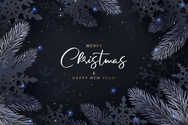 ilustrações de stock, clip art, desenhos animados e ícones de merry christmas and happy new year. dark elegant background with shining glitter, black snowflakes in paper cut style and beautiful fir branches - new years eve christmas paper christmas fir tree