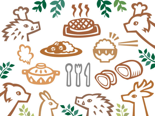 ilustraciones, imágenes clip art, dibujos animados e iconos de stock de conjunto de ilustraciones de restaurantes forestales japoneses de animales y platos dibujados en estilo cutout (exótico, dibujo de línea) - carne de caza