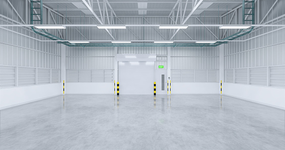 3d rendering of  warehouse building and shutter door and concrete floor for industry background.