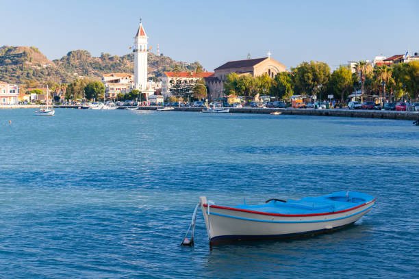 Coastal landscape of Zakynthos, Greek island in the Ionian Sea. Small fishing boat is in the main city port