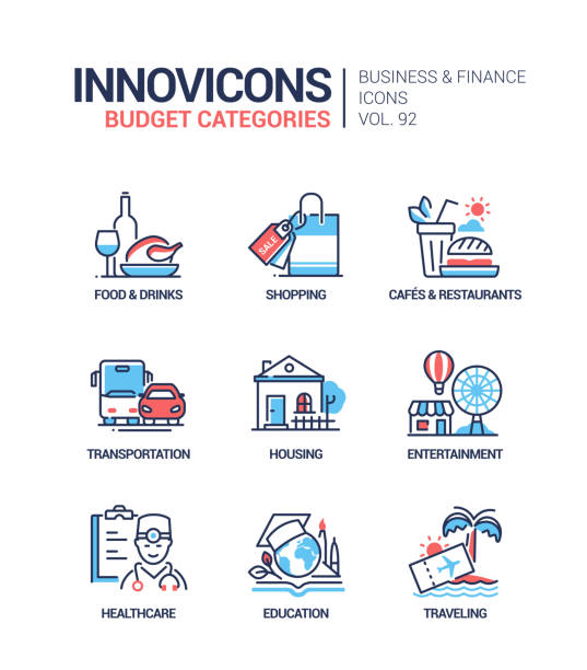 Budget categories - line design style icons set Budget categories - line design style icons set. Finance mobile app idea. Food, drink, shopping, cafes and restaurants, transportation, housing, entertainment, healthcare, education, traveling images categories vector stock illustrations