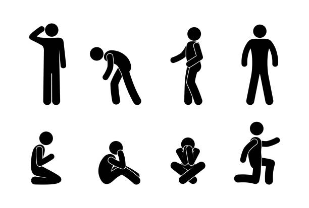 Set of man drawing, different poses, stick figure people pictogram