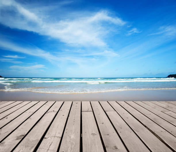 istock Empty wooden floor in coastline background 1191889809