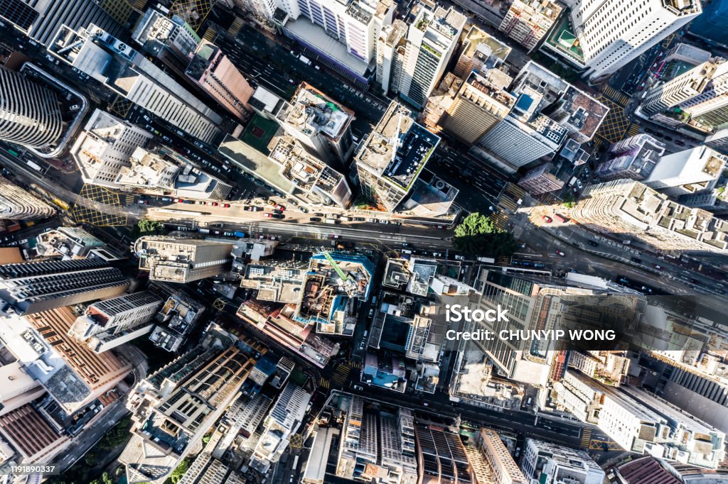 Aerial view of Hong Kong Downtown. Financial district and business centers in smart city in Asia. Top view of skyscraper and high-rise buildings. City Stock Photo