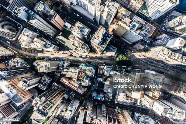 Aerial View Of Hong Kong Downtown Financial District And Business Centers In Smart City In Asia Top View Of Skyscraper And Highrise Buildings Stock Photo - Download Image Now