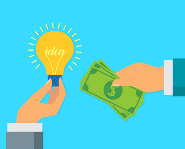 istock Hand holds money, hand holds light bulb. Buy idea, investing in innovation, vector illustration 1191893359